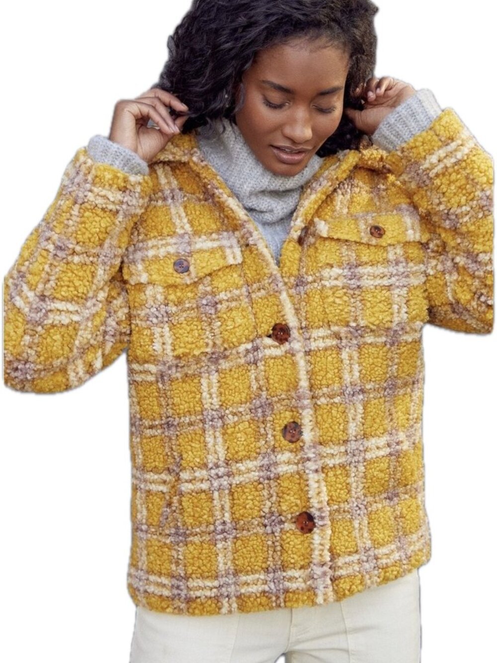 💛💜 Driftwood Ryan Plaid Sherpa Jacket in Goldenrod/Lavender Plaid - Sz S 💜💛